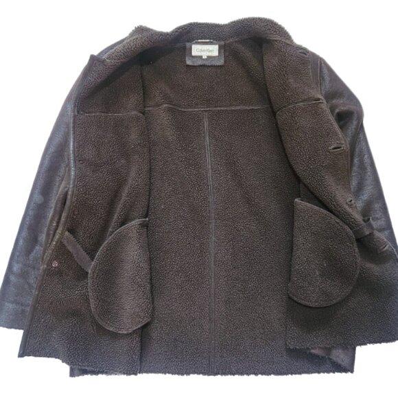 Calvin Klein Coat Mens Size XL Brown Button Up Polyester Faux Sherpa Lining - Picture 5 of 10